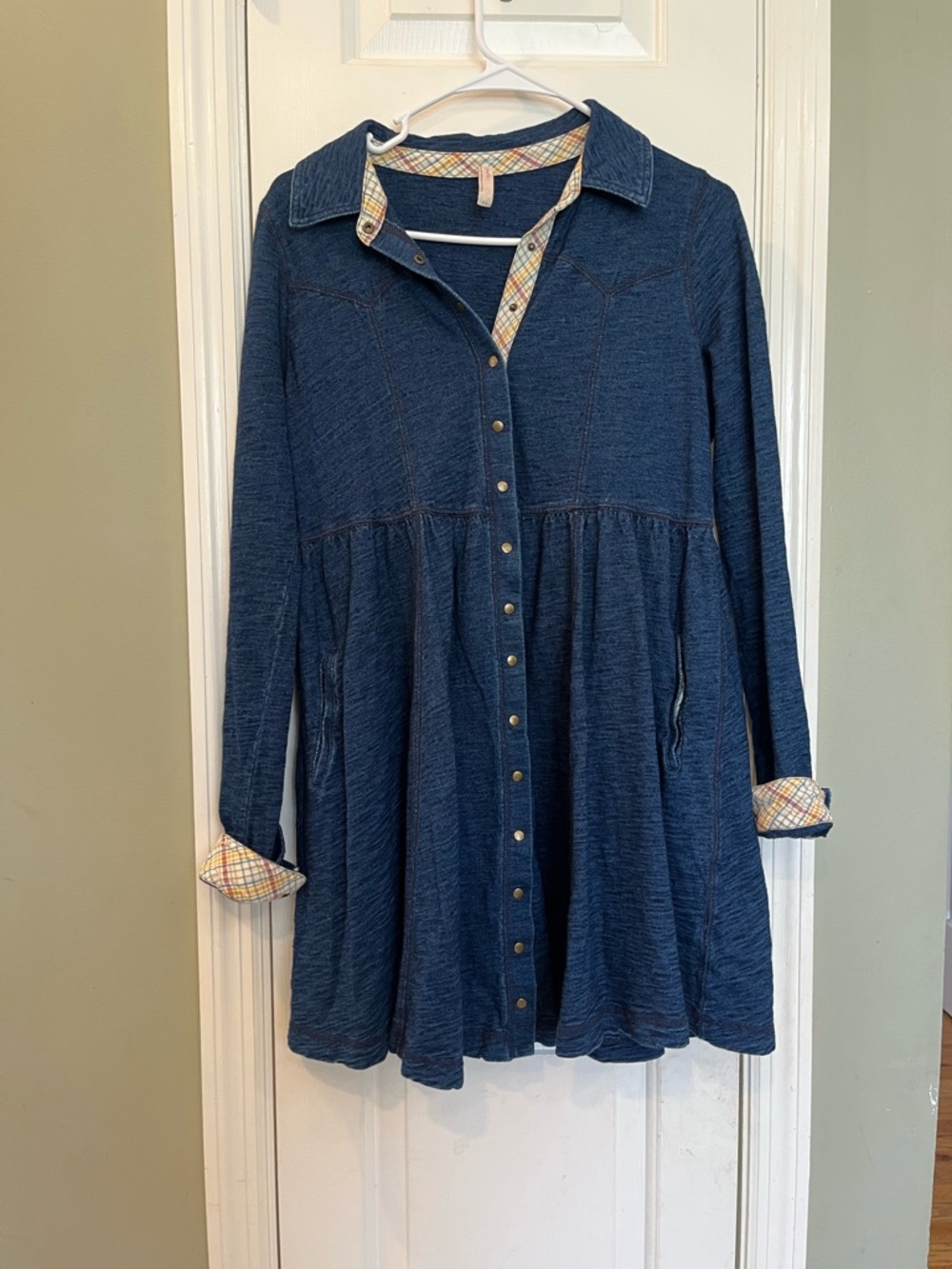 Free People blue slub knit snap-front moonlight magic western tonic dress S b3